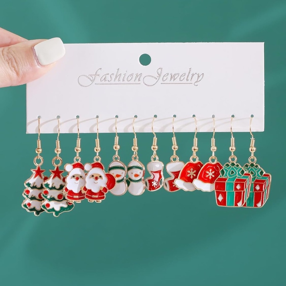 Christmas Dangle Earrings Set – 6 Pairs, Gold Tone – New in Package
